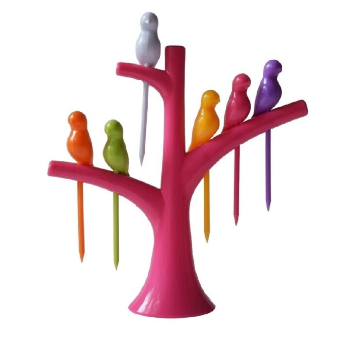 6 Pcs Bird Shaped Forks with Tree Shaped Holder for Fruits - Plastic Body - 2300 - BULKMART - 03