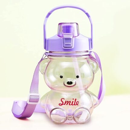 Teddy Bear Shaped Water Bottle Transparent with Sipper for Kids, toddlers, Purple Top - 1000ml -8502-1