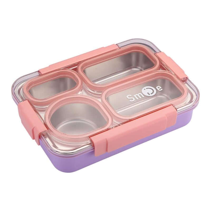 100% Leakproof 4 Compartment Stainless Steel Lunch Box for Boys, Girls, School & Office - Multicolor - 8604 - BULKMART1