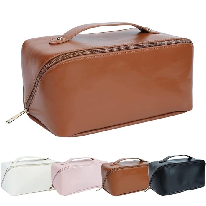 Large Capacity Leather Cosmetic Travel Bag, makeup pouch with Handle and Divider, Wide Opening-4207-BULKMART1